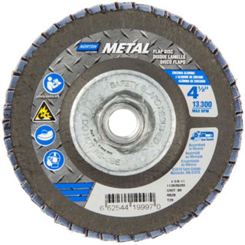 Norton 4-1/2 80 Grit 5/8-11 Center Hole Type 29 Zirconia Alumina Flap Disc Medium Grade, Coated, Arbor Attachment, Fiberglass Backing, 13,300 RPM 66254419997 – 45451242