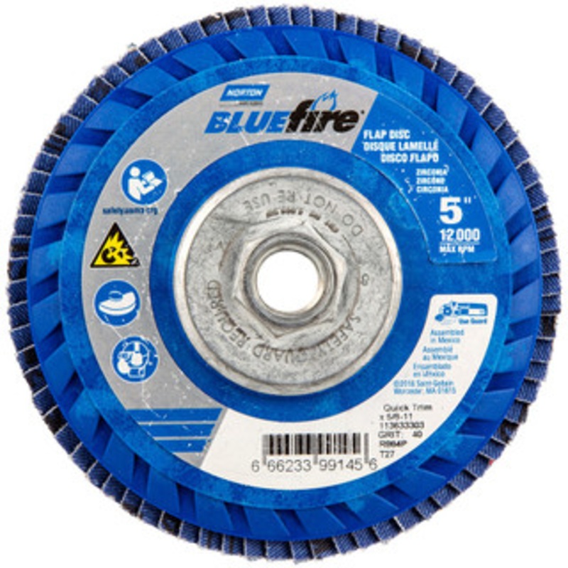 Norton 5 40 Grit 5/8-11 Center Hole Type 27 Zirconia Alumina Flap Disc Coarse Grade, Coated, Arbor Attachment, Plastic Backing, 12,000 RPM 66623399145 – 36044345