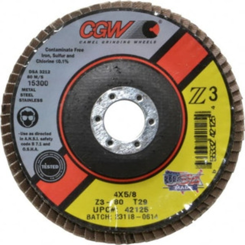 CGW Abrasives 4 80 Grit 5/8 Center Hole Type 29 Zirconia Alumina Flap Disc Medium Grade, Coated, Arbor Attachment, Poly Cotton Backing, 15,300 RPM 42125 – 56436728