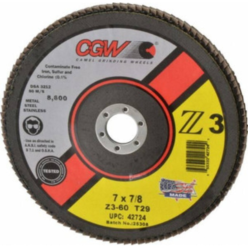 CGW Abrasives 7 60 Grit 7/8 Center Hole Type 29 Zirconia Alumina Flap Disc Medium Grade, Coated, Arbor Attachment, Poly Cotton Backing, 8,600 RPM 42724 – 56451602
