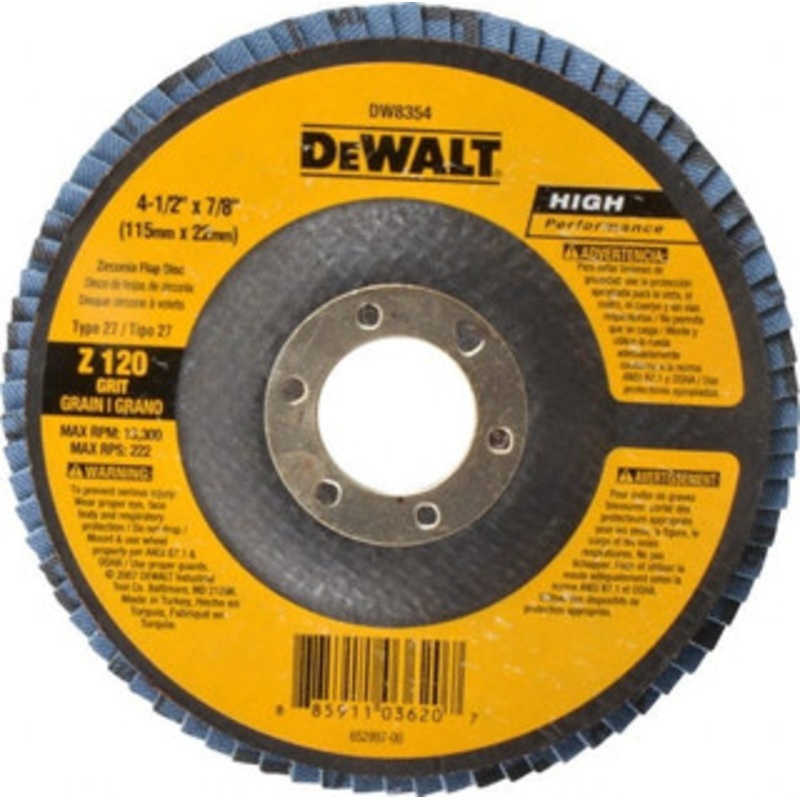 DeWALT 4-1/2 120 Grit 7/8 Center Hole Type 27 Zirconia Alumina Flap Disc Fine Grade, Coated, Arbor Attachment, Fiberglass Backing, 13,300 RPM DW8354 – 50960202