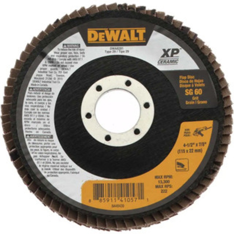 DeWALT 4-1/2 60 Grit 7/8-11 Center Hole Type 29 Ceramic Flap Disc Medium Grade, Coated, Arbor Attachment, Poly Cotton Backing, 8,700 RPM DWA8281 – 35897172