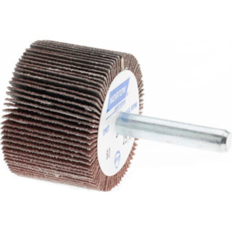 Norton 1-1/2 Diam x 1 Face Width, Coarse Aluminum Oxide Coated Mounted Flap Wheel 1/4 Shank Mount, 80 Grit, Y Weighted Cloth Backing, 25,000 Max RPM 63642502593 – 41617804