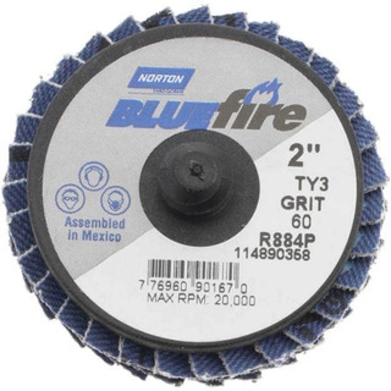 Norton 2 60 Grit Type 27 Zirconia Alumina Flap Disc Medium Grade, Coated, Quick Change Type R Attachment, Fiberglass Backing, 30,000 RPM 77696090167 – 68540871