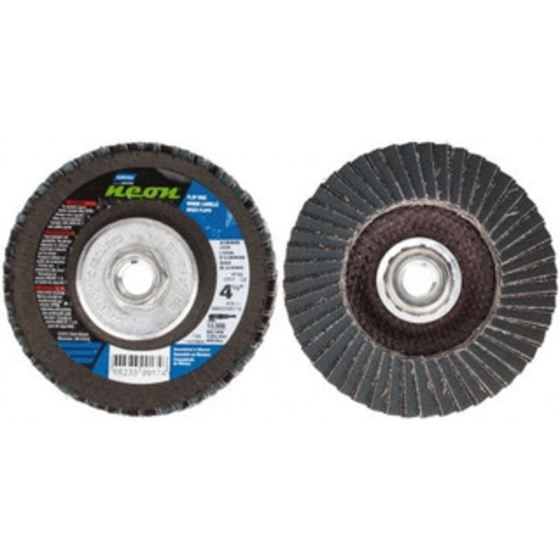 Norton 4-1/2 120 Grit 5/8-11 Center Hole Type 29 Ceramic Alumina Flap Disc Fine Grade, Coated, Arbor Attachment, Polyester Backing, 13,300 RPM 66623399174 – 30189625