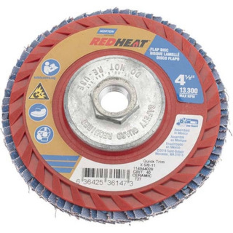 Norton 4-1/2 40 Grit 5/8-11 Center Hole Type 27 Ceramic Flap Disc Coarse Grade, Coated, Arbor Attachment, Plastic Backing, 13,000 RPM 63642536147 – 09258187