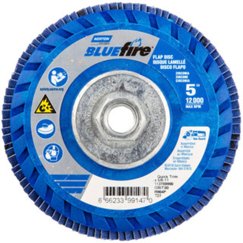 Norton 5 80 Grit 5/8-11 Center Hole Type 27 Zirconia Alumina Flap Disc Medium Grade, Coated, Arbor Attachment, Plastic Backing, 12,000 RPM 66623399147 – 36044311