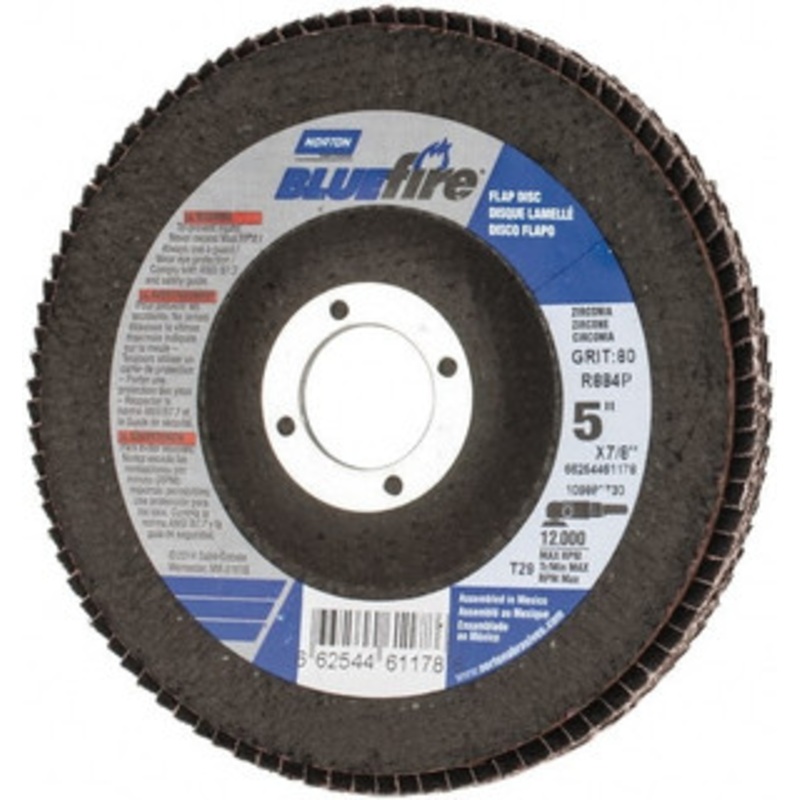 Norton 5 80 Grit 7/8 Center Hole Type 29 Zirconia Alumina Flap Disc Medium Grade, Coated, Arbor Attachment, Cloth Backing, 12,000 RPM 66254461178 – 30189294