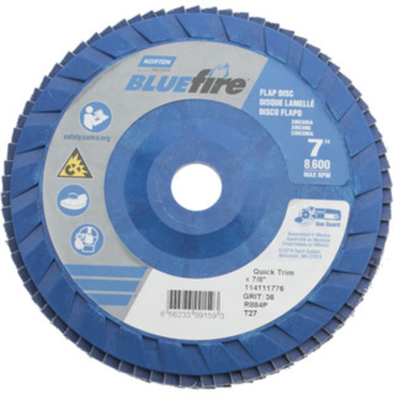 Norton 7 36 Grit 7/8 Center Hole Type 27 Zirconia Alumina Flap Disc Very Coarse Grade, Coated, Arbor Attachment, Cloth Backing, 8,600 RPM 66623399159 – 56275548
