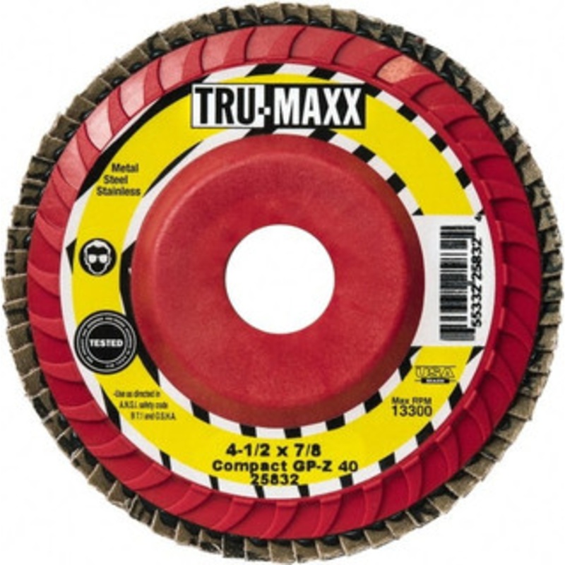 Tru-Maxx 4-1/2 40 Grit 7/8 Center Hole Compact Ceramic Flap Disc Medium Grade, Coated, Arbor Attachment, Fiberglass Backing, 13,300 RPM 26102 – 61161535