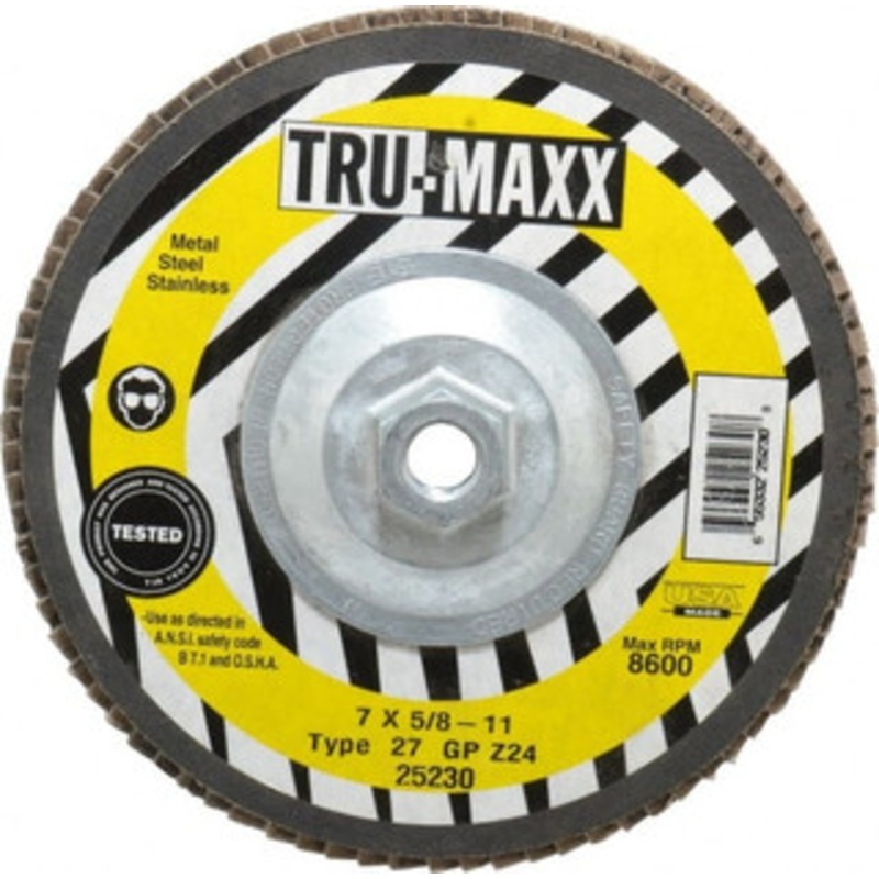 Tru-Maxx 7 24 Grit 5/8-11 Center Hole Type 27 Zirconia Alumina Flap Disc Very Coarse Grade, Coated, Arbor Attachment, 8,600 RPM 25230 – 40140170