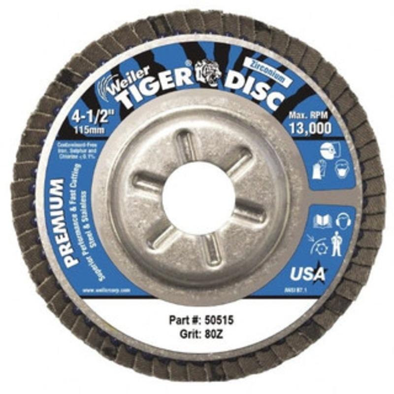 Weiler Abrasives 4-1/2 80 Grit 7/8 Center Hole Type 29 Zirconia Alumina Flap Disc Medium Grade, Coated, Arbor Attachment, Aluminum Backing, 13,000 RPM 50515 – 98436413