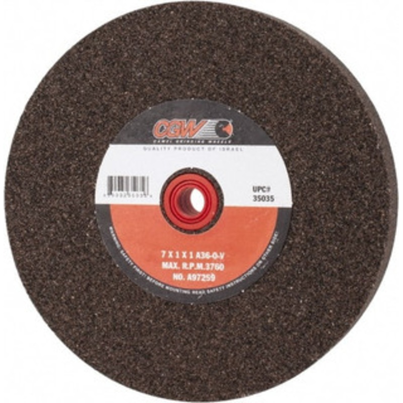 CGW Abrasives 36 Grit Aluminum Oxide Bench & Pedestal Grinding Wheel 7 Diam x 1 Hole x 1 Thick, 3760 Max RPM, O Hardness, Very Coarse Grade , Vitrified Bond 35035 – 01155449