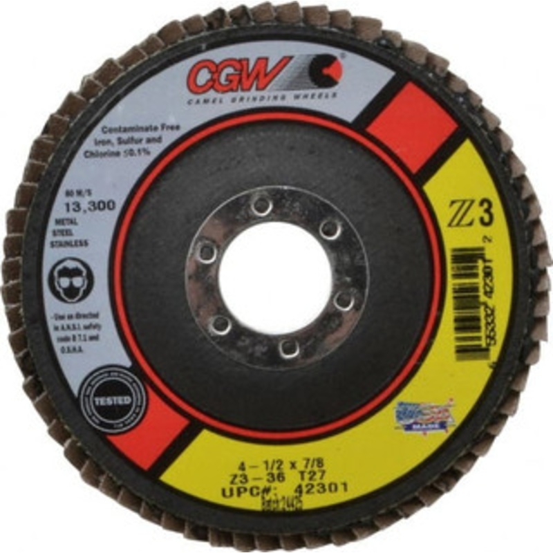 CGW Abrasives 4-1/2 36 Grit 7/8 Center Hole Type 27 Zirconia Alumina Flap Disc Very Coarse Grade, Coated, Arbor Attachment, Poly Cotton Backing, 13,300 RPM 42301 – 60870821