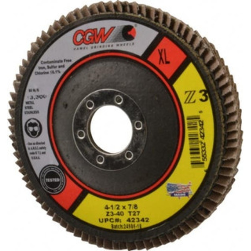 CGW Abrasives 4-1/2 40 Grit 7/8 Center Hole Type 27 Zirconia Alumina Flap Disc Coarse Grade, Coated, Arbor Attachment, Poly Cotton Backing, 13,300 RPM 42342 – 56439995