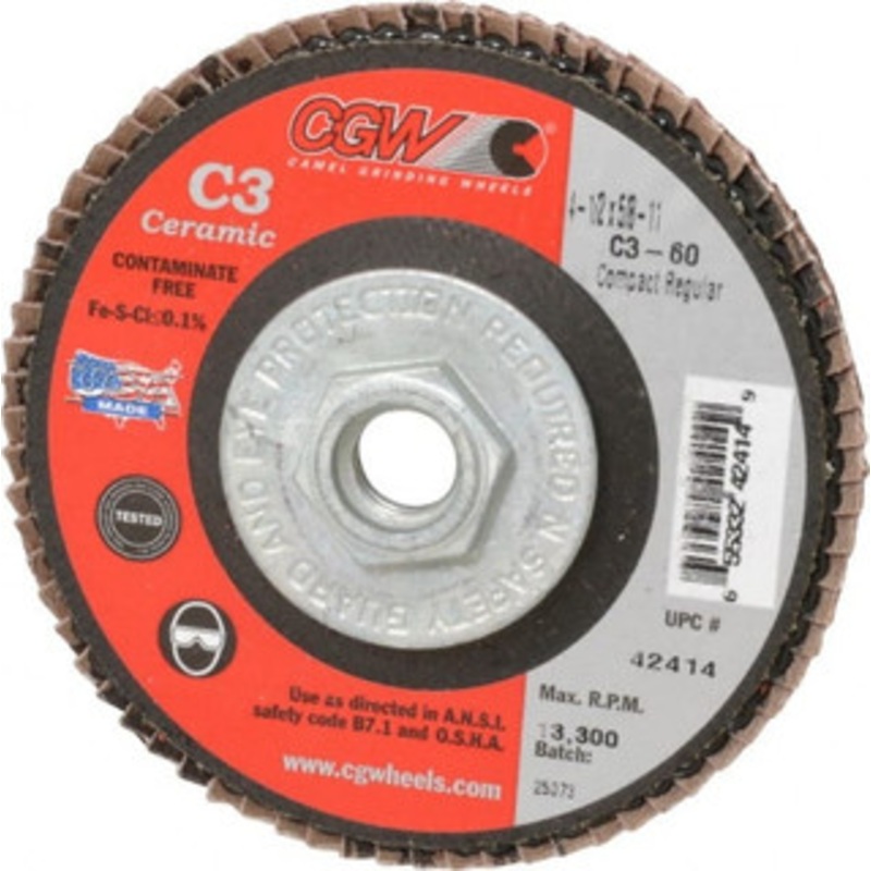 CGW Abrasives 4-1/2 60 Grit 5/8-11 Center Hole Ceramic Flap Disc Medium Grade, Coated, Arbor Attachment, Polyester Backing, 13,300 RPM 42414 – 63009658