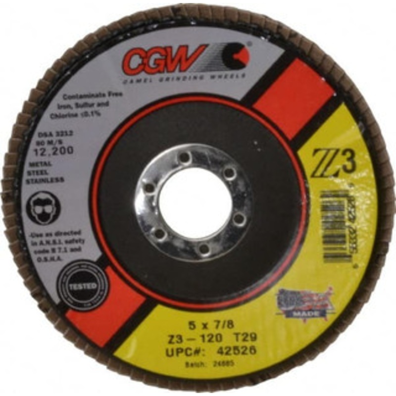 CGW Abrasives 5 120 Grit 7/8 Center Hole Type 29 Zirconia Alumina Flap Disc Fine Grade, Coated, Arbor Attachment, Poly Cotton Backing, 12,200 RPM 42526 – 56437668