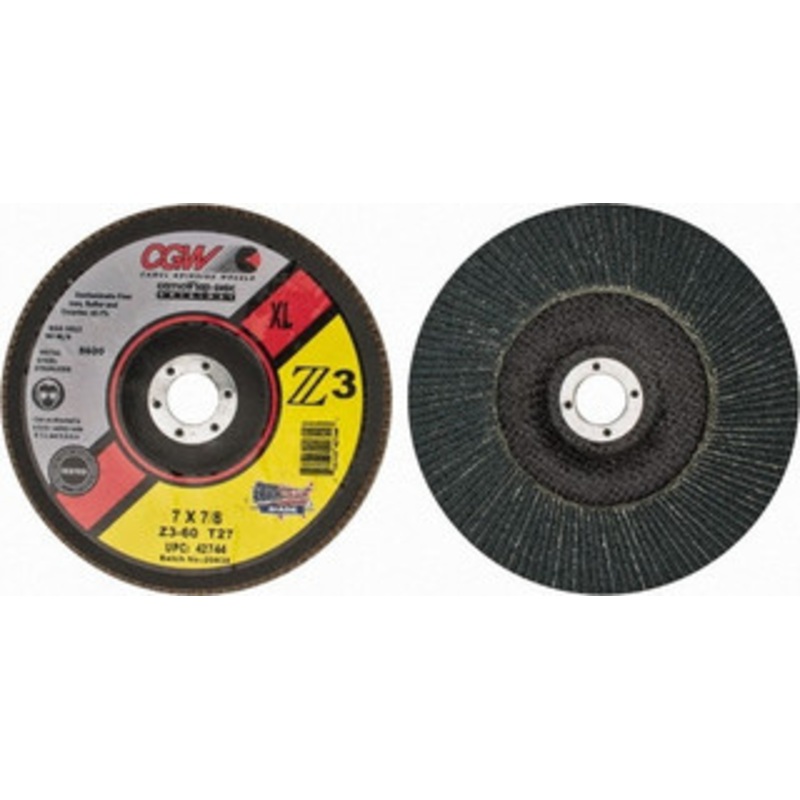 CGW Abrasives 7 60 Grit 7/8 Center Hole Type 27 Zirconia Alumina Flap Disc Medium Grade, Coated, Arbor Attachment, Poly Cotton Backing, 8,600 RPM 42744 – 02555811