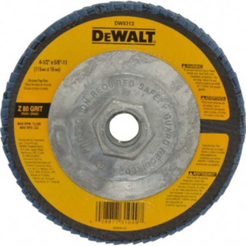 DeWALT 4-1/2 80 Grit 5/8-11 Center Hole Type 29 Zirconia Alumina Flap Disc Medium Grade, Coated, Arbor Attachment, Fiberglass Backing, 13,300 RPM DW8313 – 73201311