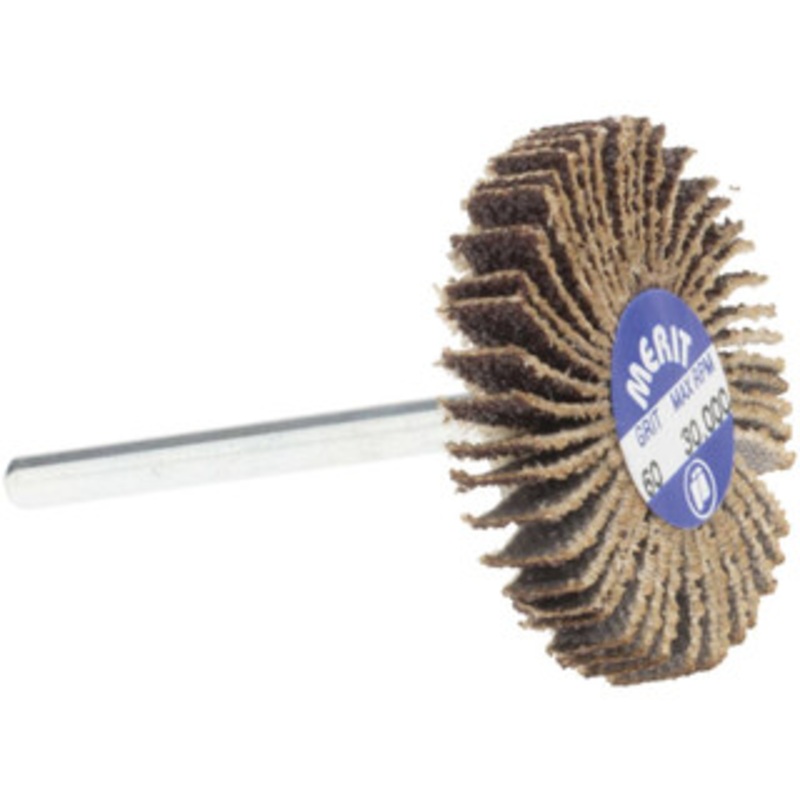 Merit Abrasives 1-3/16 Diam x 3/16 Face Width, Medium Aluminum Oxide Coated Mounted Flap Wheel 1/8 Shank Mount, 60 Grit, Cloth Backing, 30,000 Max RPM 08834137508 – 72373459