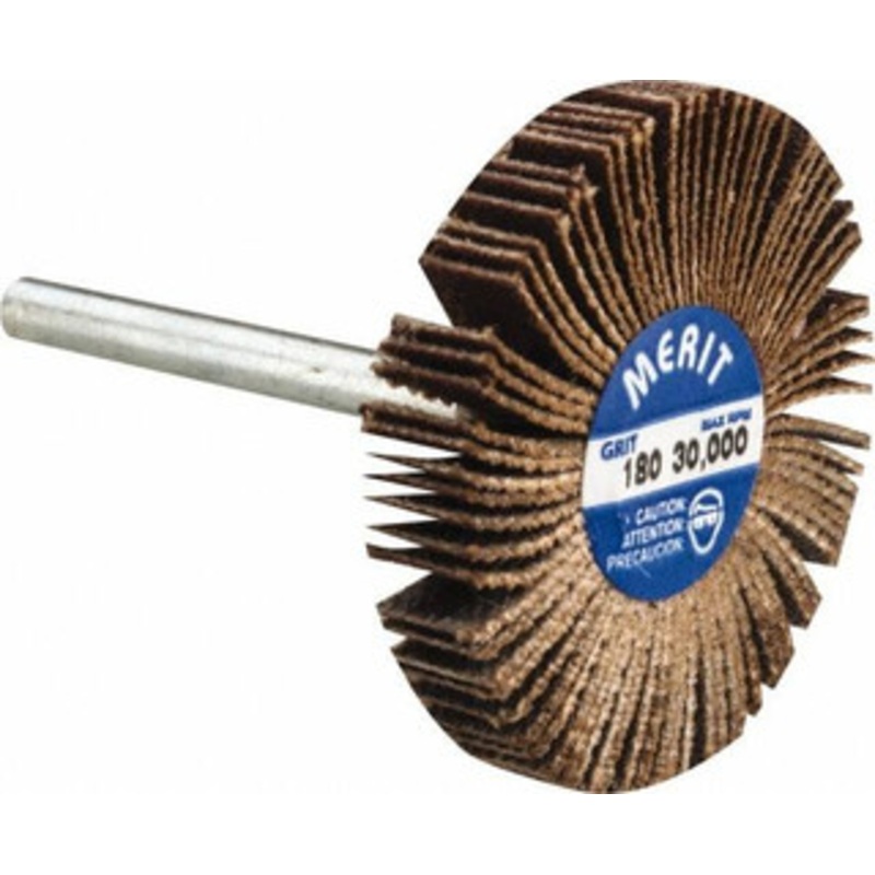 Merit Abrasives 1-3/16 Diam x 3/16 Face Width, Very Fine Aluminum Oxide Coated Mounted Flap Wheel 1/8 Shank Mount, 180 Grit, Cloth Backing, 30,000 Max RPM 08834137503 – 84400696