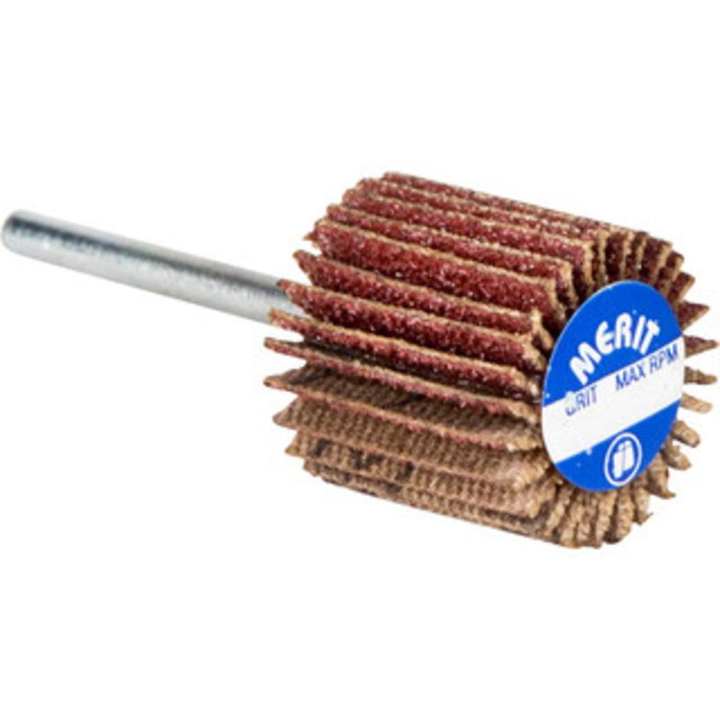 Merit Abrasives 1-3/16 Diam x 3/8 Face Width, Fine Aluminum Oxide Coated Mounted Flap Wheel 1/8 Shank Mount, 120 Grit, Cloth Backing, 30,000 Max RPM 08834137512 – 98196454