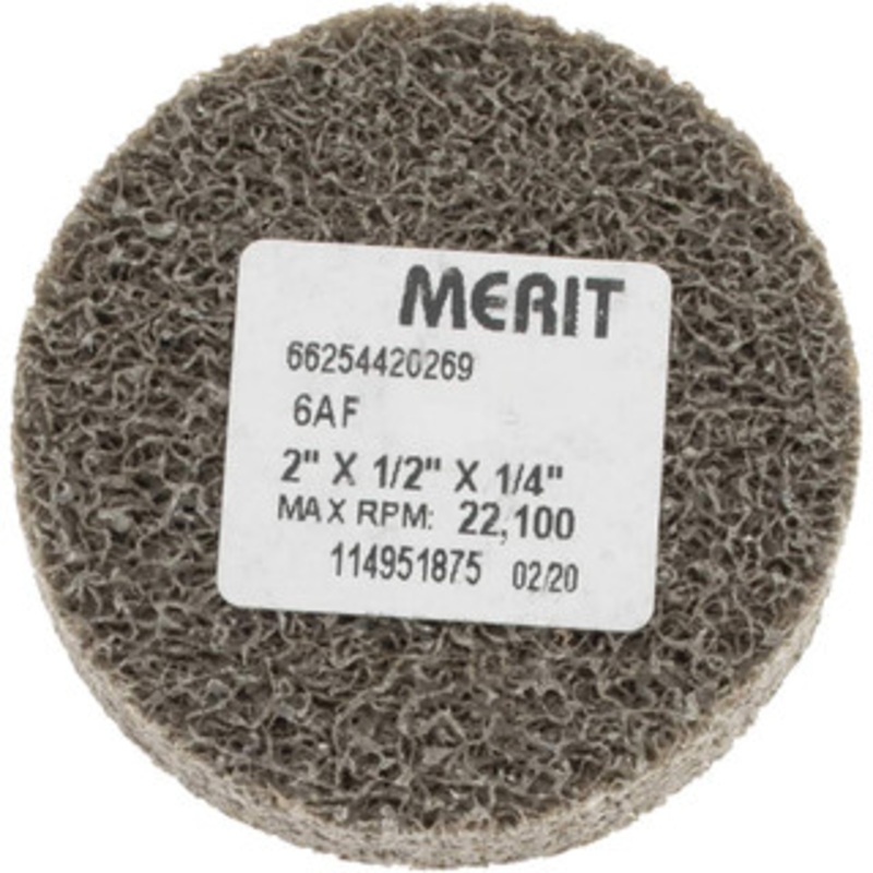 Merit Abrasives 2 Diam, 1/2 Face Width, 1/4 Center Hole, Fine Grade, Aluminum Oxide Deburring Wheel Unitized, Medium Density 6 Grade, 22,000 RPM 66254420269 – 84525112