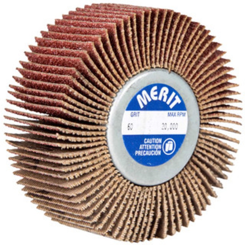 Merit Abrasives 3 Diam x 1/2 Face Width, Fine Ceramic Alumina Coated Mounted Flap Wheel 1/4-20 Threaded Mount, 120 Grit, Cloth Backing, 20,000 Max RPM 08834135003 – 00542845