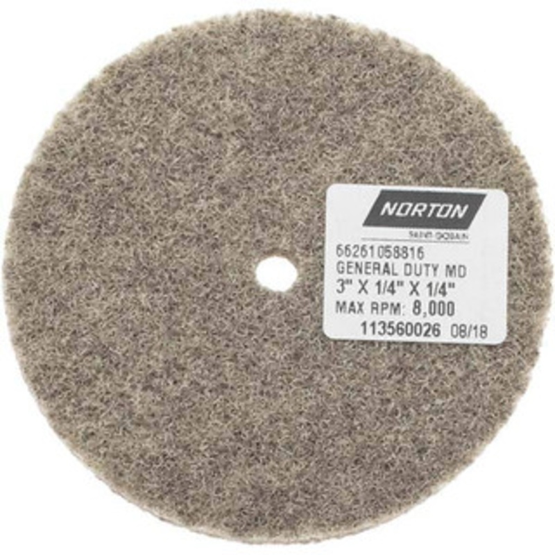 Norton 3 Diam, 1/4 Face Width, 1/4 Center Hole, Fine Grade, Aluminum Oxide Deburring Wheel Unitized, Medium Density 4 Grade, 8,000 RPM 66261058816 – 70500277