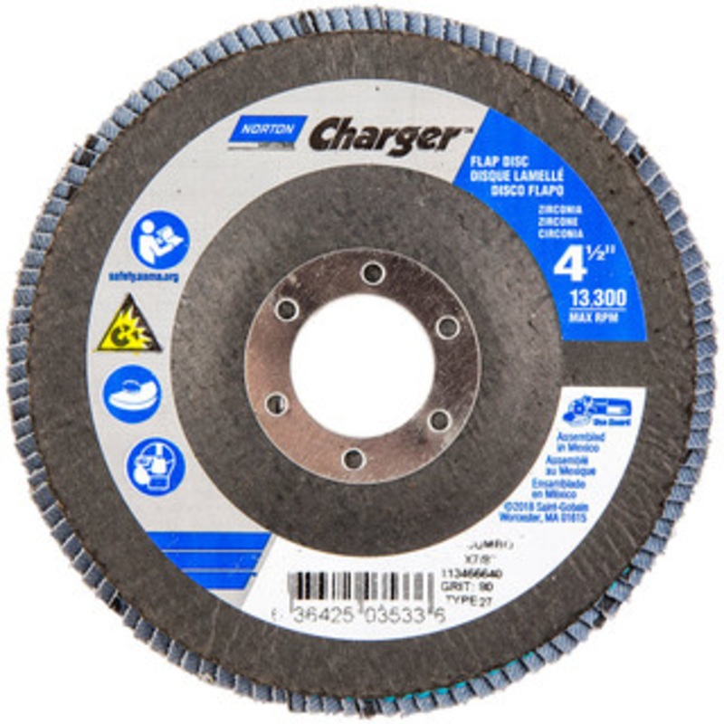 Norton 4-1/2 80 Grit 7/8 Center Hole Type 27 Zirconia Alumina Flap Disc Medium Grade, Coated, Arbor Attachment, Fiberglass Backing, 13,000 RPM 63642503533 – 05950258