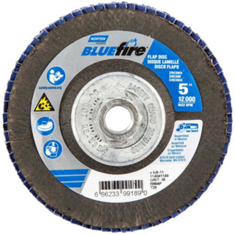 Norton 5 36 Grit 5/8-11 Center Hole Type 29 Zirconia Alumina Flap Disc Coarse Grade, Coated, Arbor Attachment, Fiberglass Backing, 12,000 RPM 66623399189 – 36044493