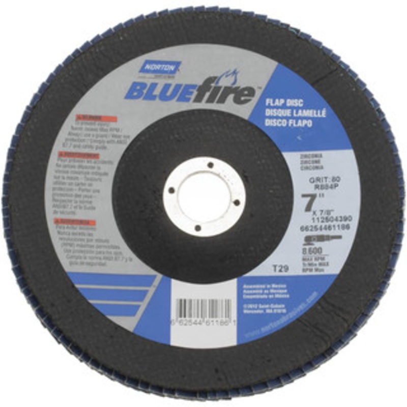 Norton 7 80 Grit 7/8 Center Hole Type 29 Zirconia Alumina Flap Disc Medium Grade, Coated, Arbor Attachment, Cloth Backing, 8,600 RPM 66254461186 – 30189237