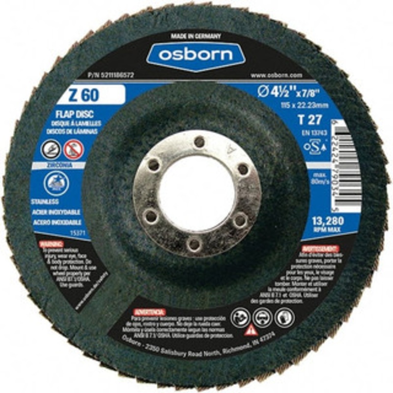 Osborn 4-1/2 60 Grit 7/8 Center Hole Type 27 Zirconia Alumina Flap Disc Coarse Grade, Coated, Arbor Attachment, Fiberglass Backing, 13,280 RPM 5211186572 – 31725583