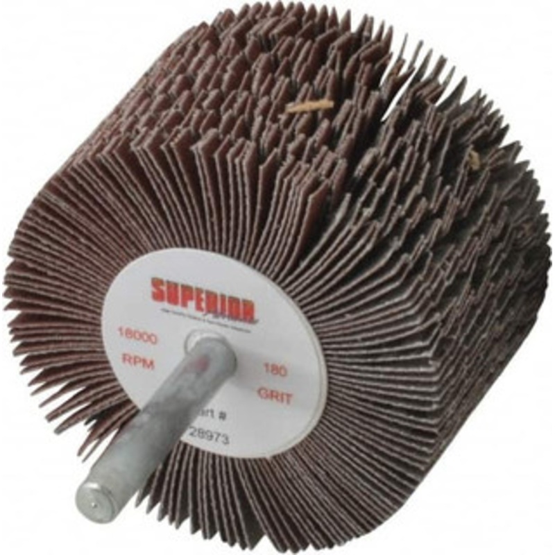 Superior Abrasives 2-1/2 Diam x 1-1/2 Face Width, Very Fine Aluminum Oxide Coated Mounted Flap Wheel 1/4 Shank Mount, 180 Grit, J Weighted Cloth Backing, 9,000 Max RPM 28973 – 01923705