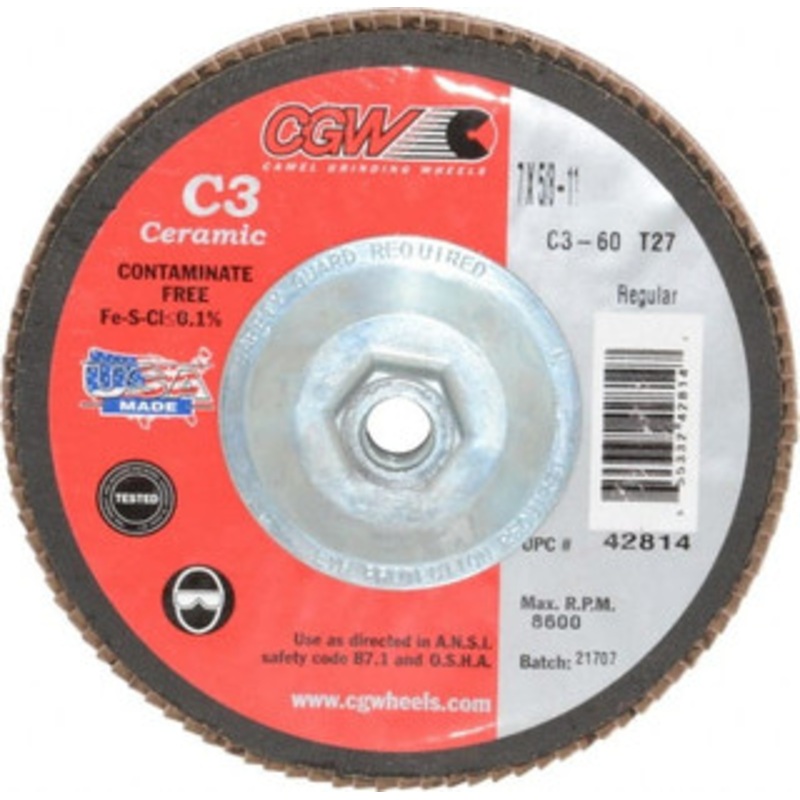 CGW Abrasives 7 60 Grit 5/8-11 Center Hole Type 27 Ceramic Flap Disc Medium Grade, Coated, Arbor Attachment, Polyester Backing, 8,600 RPM 42814 – 63009971