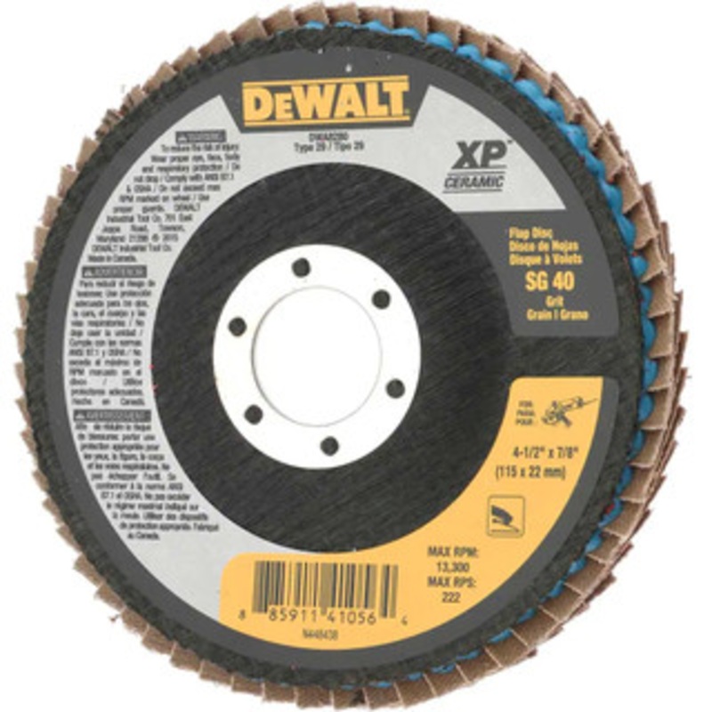 DeWALT 4-1/2 40 Grit 7/8-11 Center Hole Type 29 Ceramic Flap Disc Coarse Grade, Coated, Arbor Attachment, Poly Cotton Backing, 8,700 RPM DWA8280 – 39978010