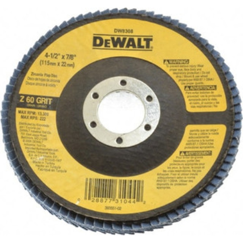 DeWALT 4-1/2 60 Grit 7/8 Center Hole Type 29 Zirconia Alumina Flap Disc Medium Grade, Coated, Arbor Attachment, Fiberglass Backing, 13,300 RPM DW8308 – 73201261