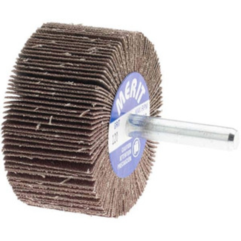 Merit Abrasives 2 Diam x 1 Face Width, Fine Aluminum Oxide Coated Mounted Flap Wheel 1/4 Shank Mount, 120 Grit, Cloth Backing, 25,000 Max RPM 08834137372 – 09608688