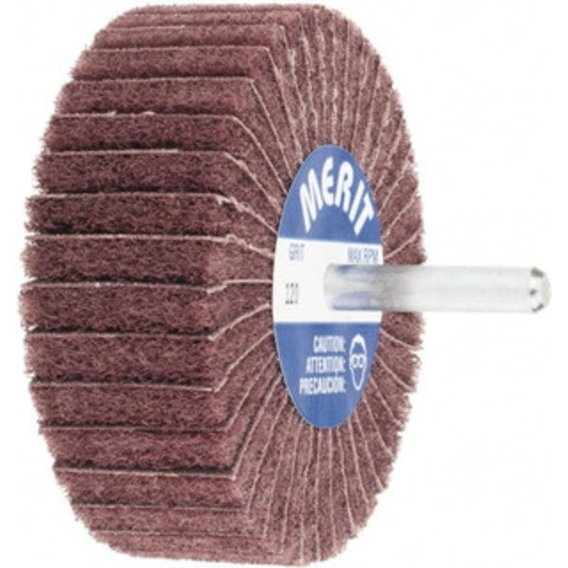 Merit Abrasives 3 Diam x 1 Face Width, Fine Aluminum Oxide Nonwoven & Coated Mounted Flap Wheel 1/4 Shank Mount, 120 Grit, Interleaf, X Weighted Cloth Backing, 12,000 Max RPM 08834138118 – 72373632