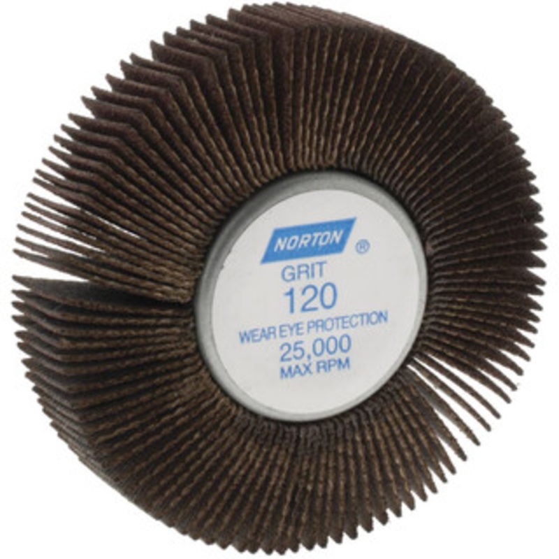 Norton 2 Diam x 1/2 Face Width, Fine Aluminum Oxide Coated Mounted Flap Wheel 1/4-20 Threaded Mount, 120 Grit, Cloth Backing, 23,000 Max RPM 63642502644 – 05098264