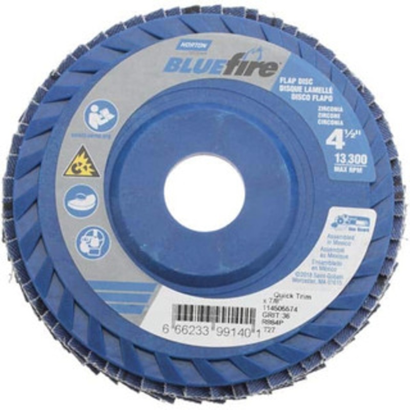 Norton 4-1/2 36 Grit 7/8 Center Hole Type 27 Zirconia Alumina Flap Disc Very Coarse Grade, Coated, Arbor Attachment, Cloth Backing, 13,300 RPM 66623399140 – 56275878