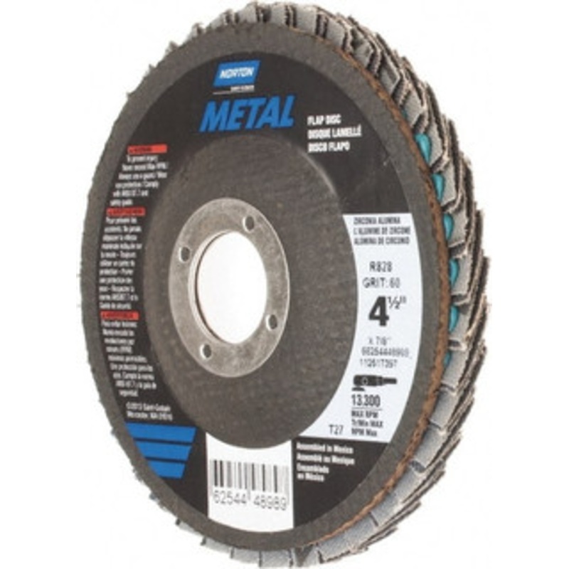 Norton 4-1/2 60 Grit 7/8 Center Hole Type 27 Zirconia Alumina Flap Disc Medium Grade, Coated, Arbor Attachment, Fiberglass Backing, 13,300 RPM 66254448989 – 45451432