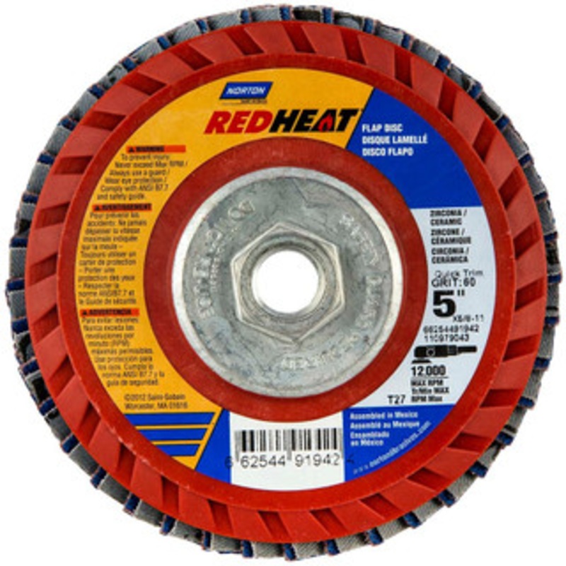 Norton 5 80 Grit 5/8-11 Center Hole Type 27 Ceramic Alumina Flap Disc Medium Grade, Coated, Arbor Attachment, Cloth Backing, 12,000 RPM 66254491943 – 56275605