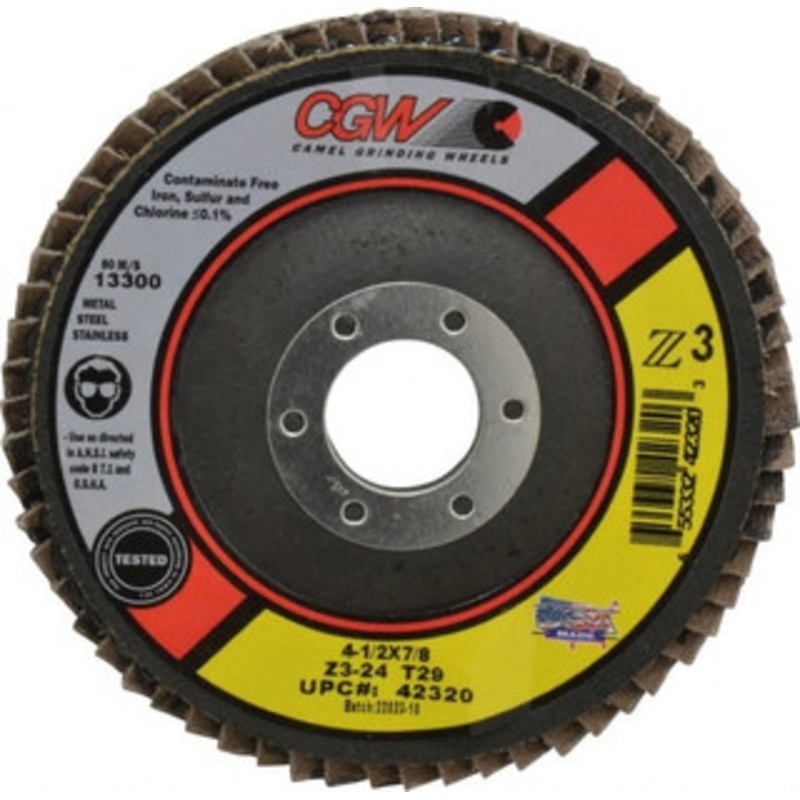CGW Abrasives 4-1/2 24 Grit 7/8 Center Hole Type 29 Zirconia Alumina Flap Disc Very Coarse Grade, Coated, Arbor Attachment, Poly Cotton Backing, 13,300 RPM 42320 – 56437833