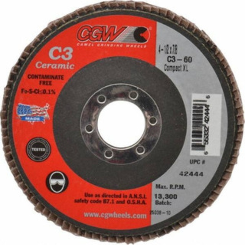 CGW Abrasives 4-1/2 60 Grit 7/8 Center Hole Ceramic Flap Disc Medium Grade, Coated, Arbor Attachment, Polyester Backing, 13,300 RPM 42444 – 63009690