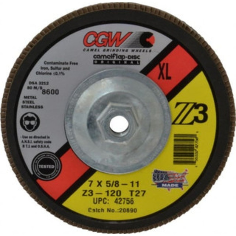 CGW Abrasives 7 120 Grit 5/8-11 Center Hole Type 27 Zirconia Alumina Flap Disc Fine Grade, Coated, Arbor Attachment, Poly Cotton Backing, 8,600 RPM 42756 – 02555860