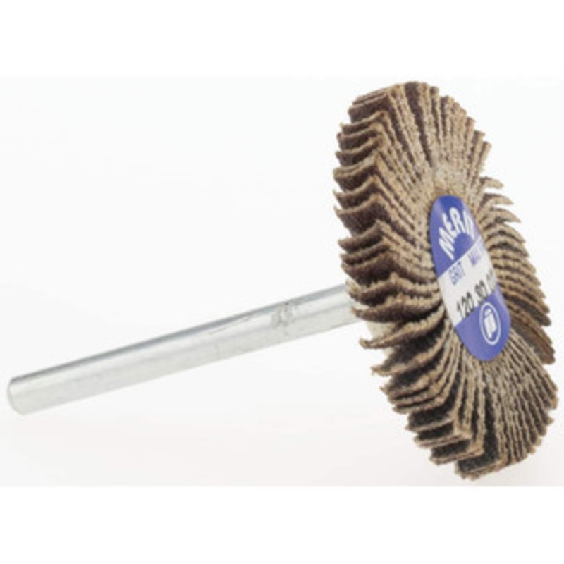 Merit Abrasives 1-3/16 Diam x 1/8 Face Width, Fine Aluminum Oxide Coated Mounted Flap Wheel 1/8 Shank Mount, 120 Grit, Cloth Backing, 30,000 Max RPM 08834137492 – 84400654