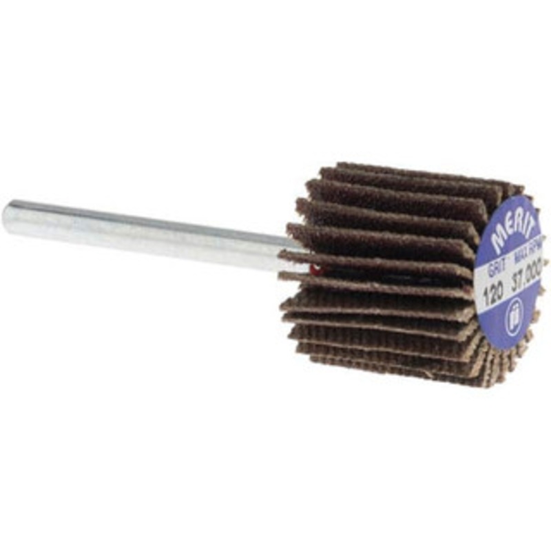 Merit Abrasives 5/8 Diam x 5/8 Face Width, Fine Aluminum Oxide Coated Mounted Flap Wheel 1/8 Shank Mount, 120 Grit, Cloth Backing, 37,000 Max RPM 08834137482 – 09608514