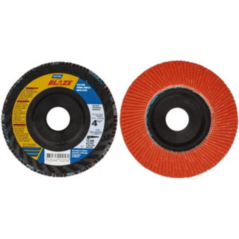 Norton 4-1/2 120 Grit 7/8 Center Hole Type 27 Ceramic Flap Disc Fine Grade, Coated, Arbor Attachment, Fiberglass Backing 66254400256 – 42064667