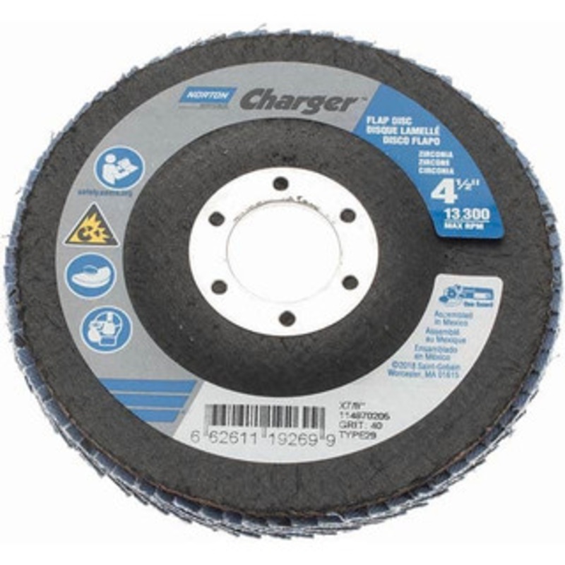 Norton 4-1/2 40 Grit 7/8 Center Hole Type 29 Zirconia Alumina Flap Disc Coarse Grade, Coated, Arbor Attachment, Fiberglass Backing, 13,000 RPM 66261119269 – 04682928